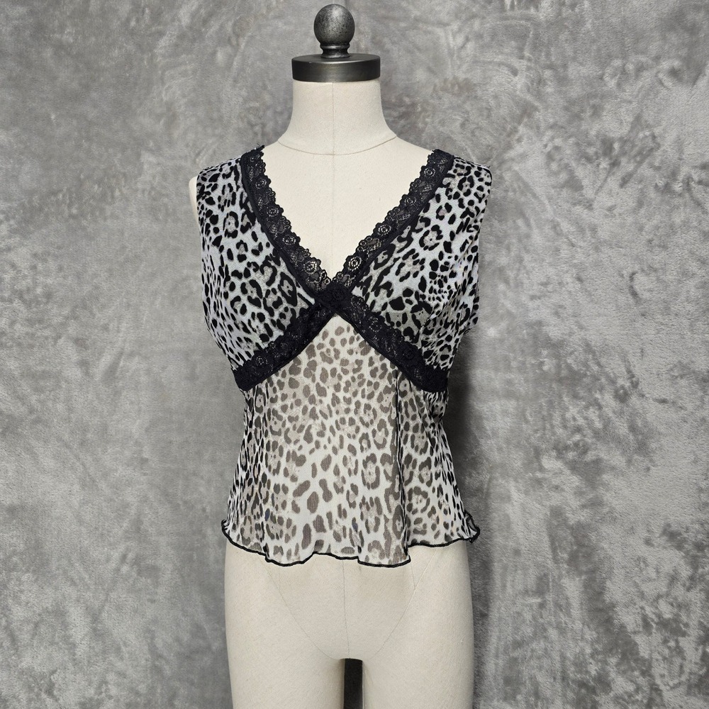 Vibe‎ Sportswear Tank Top Womens XL Gray Leopard Mesh Lace Trim Y2K Indie Animal